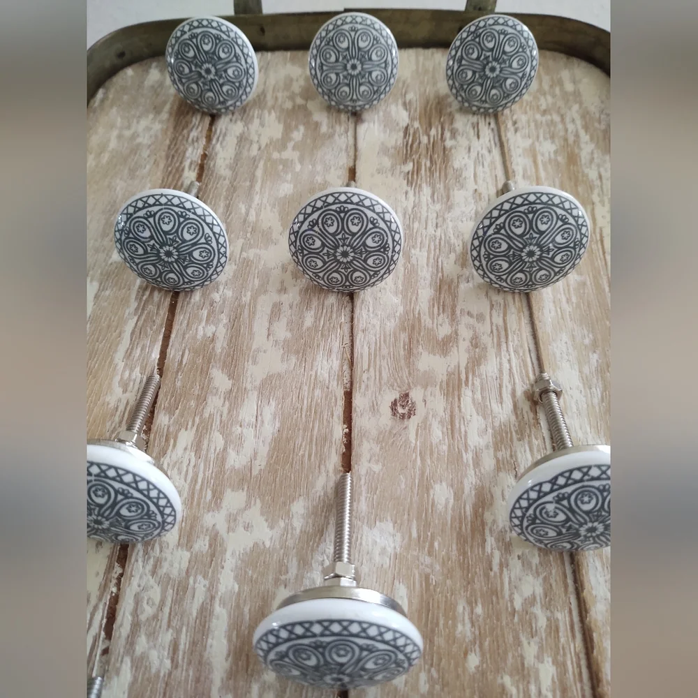 Mandala 🔘Knob Hardware Set ~ 11 Pc ~ Grey/Blue & White ⚪